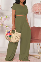 Army Green Fashion Casual Solid Basic O Neck Short Sleeve Two Pieces