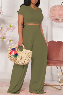 Army Green Fashion Casual Solid Basic O Neck Short Sleeve Two Pieces