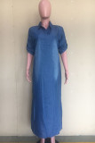 Blue The cowboy Fashion adult Ma'am Sweet Cap Sleeve Half Sleeves Turndown Collar Princess Dress Ankle-Length Solid Dresses