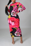 Multicolor Sexy Print Patchwork Zipper Collar Pencil Skirt Dresses