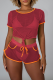 Burgundy Sexy Solid Patchwork O Neck Short Sleeve Two Pieces