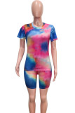 Multicolor Fashion Casual Print Basic O Neck Short Sleeve Two Pieces