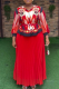 Red Elegant Print With Belt Pleated V Neck Plus Size Two Pieces