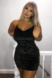 Black Fashion adult Sexy Spaghetti Strap Sleeveless V Neck Step Skirt Mini hollow out Solid Patc
