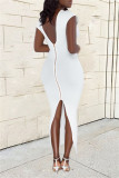 Yellow Sexy Casual Solid Backless Slit V Neck Short Sleeve Dress