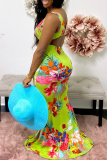 Mint green Sexy Print Patchwork V Neck Sleeveless Two Pieces