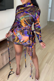 Black Sexy Print Mesh Turtleneck Pencil Skirt Dresses