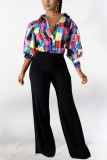 colour Chemical fiber blend Mandarin Collar Long Sleeve Plaid Print Tops