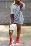Grey Casual England Wrap sleeves Long Sleeves O neck Asymmetrical skirt Plaid Patchwork Solid Dresses