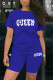 Royal Blue Casual Letter Patchwork O Neck Short Sleeve Two Pieces