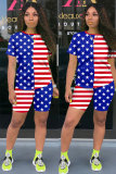 Red and blue Fashion adult Lightly cooked Striped Patchwork Print Two Piece Suits Straight Short Sleeve Two Pieces