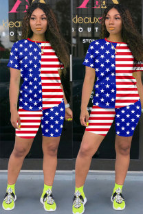 Red and blue Fashion adult Lightly cooked Striped Patchwork Print Two Piece Suits Straight Short Sleeve Two Pieces