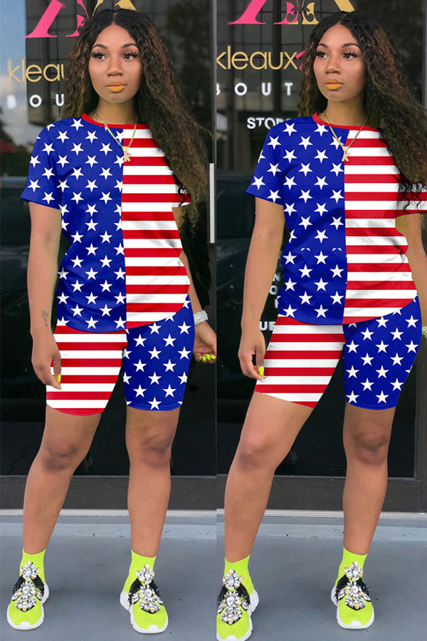 Red and blue Fashion adult Lightly cooked Striped Patchwork Print Two Piece Suits Straight Short Sleeve Two Pieces
