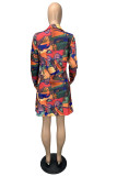 Rose Red Casual Print Graffiti Turndown Collar Outerwear