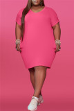 Light Blue Fashion Casual Plus Size Solid Basic V Neck Short Sleeve Dress