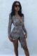 Black Fashion adult Sexy Cap Sleeve Long Sleeves V Neck cake dress Mini Leopard Print chain