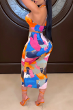 Blue Sexy Print Patchwork Halter Sleeveless Two Pieces