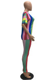 Black yellow Fashion Casual adult Striped Patchwork Print contrast color Two Piece Suits pencil Short Sleeve Two Pieces
