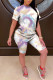 purple Fashion Casual adult Ma'am Patchwork Print Tie Dye Gradient Two Piece Suits pencil Short Sleeve Two Pieces