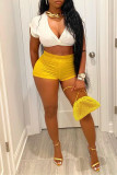 Yellow Fashion Casual Solid Basic V Neck Short Sleeve Two Pieces