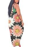 White Fashion Street White Brown Yellow Spaghetti Strap Sleeveless V Neck Pencil Dress Floor-Length Print Floral Animal Dresses