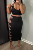 Black Sexy Solid Hollowed Out Skinny Mid Waist Pencil Solid Color Bottoms