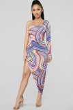 Multi-color Fashion Sexy One Shoulder Long Sleeves one shoulder collar Asymmetrical Knee-Length hollow out Patch