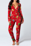 Decorative Pattern Casual Print V Neck Skinny Jumpsuits