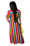 Blue Casual Fashion Cap Sleeve Half Sleeves Turndown Collar Straight Ankle-Length fastener Argy