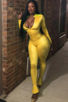Yellow street Solid zipper Milk. Long Sleeve O Neck Jumpsuits