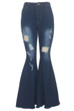 Dark Blue Denim Button Fly Sleeveless High Hole Solid washing Patchwork Boot Cut Pants 