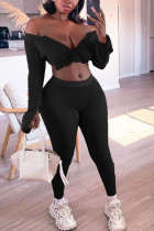 Black Fashion Casual Adult Solid V Neck Long Sleeve Regular Sleeve Regular Two Pieces