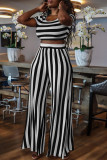 Blue White Fashion Casual Striped Print Basic O Neck Short Sleeve Two Pieces