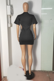 Black Sexy Print Hollowed Out O Neck Pencil Skirt Dresses