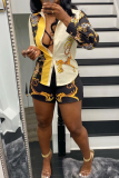 Black Yellow Casual Print Patchwork Turndown Collar Long Sleeve Two Pieces