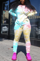 Yellow Casual Sportswear Spandex Blends Print Tie-dye Pullovers Pants Basic O Neck Long Sleeve Regular Sleeve Regular Two Pieces