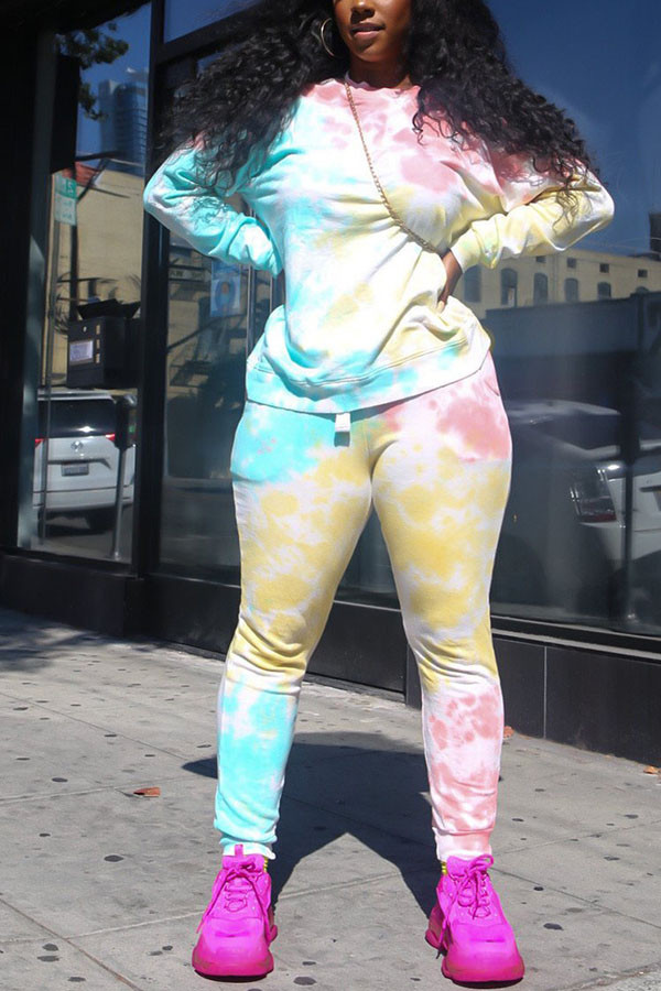 Yellow Casual Sportswear Spandex Blends Print Tie-dye Pullovers Pants Basic O Neck Long Sleeve Regular Sleeve Regular Two Pieces