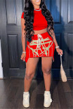Red Fashion Sexy Print Asymmetrical O Neck Short Sleeve Two Pieces