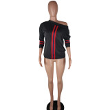 Black One word collar Long Sleeve Patchwork Tees & T-shirts