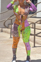 Green Fashion Sexy Print Bandage Hollowed Out V Neck Skinny Jumpsuits