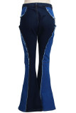 Dark Blue Street Solid Patchwork High Waist Boot Cut Denim Jeans