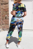 Green Casual Print Patchwork O Neck Short Sleeve Two Pieces
