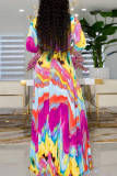 Rose Purple Elegant Print Tie Dye Bandage Patchwork V Neck Straight Dresses