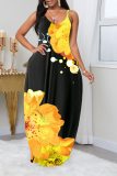 Rose Red Sexy Print Patchwork Spaghetti Strap Straight Dresses