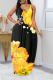 Yellow Sexy Print Patchwork Spaghetti Strap Straight Dresses