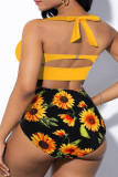 Yellow Fashion Casual Print Backless Halter Plus Size Swimwear