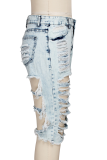 Blue Sexy Solid Ripped Mid Waist Skinny Denim Shorts
