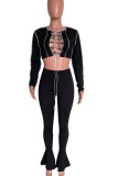 Black Sexy Solid Hollowed Out Patchwork Frenulum O Neck Long Sleeve Two Pieces