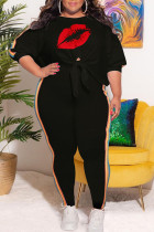 Black Casual Print Bandage Patchwork O Neck Plus Size Two Pieces