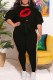 Black Casual Print Bandage Patchwork O Neck Plus Size Two Pieces